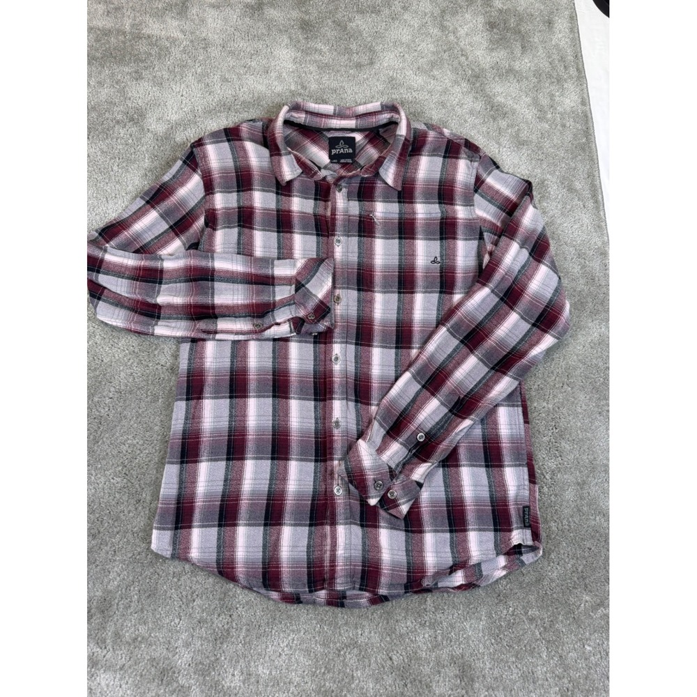 Prana Mens Long Sleeve Plaid Flannel Button Down Shirt Burgundy Grey Large